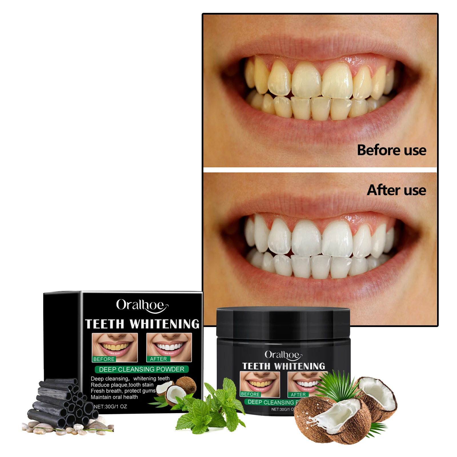 Natural Activated Charcoal Mint Flavor Tooth Powder Whitening Formula for Stain Removal Fresh Breath Oral Care