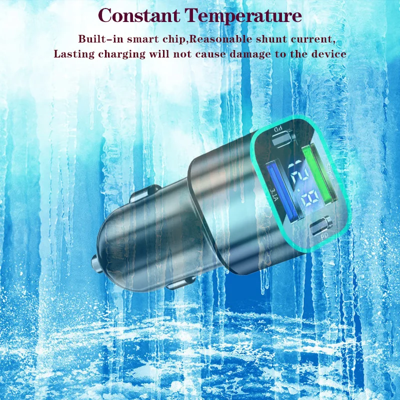 66W 2Port USB Digital Real-time Voltage car charger QC3.0 PD30Wcar Super Fast charger for Phones Car cigarette lighter adapter
