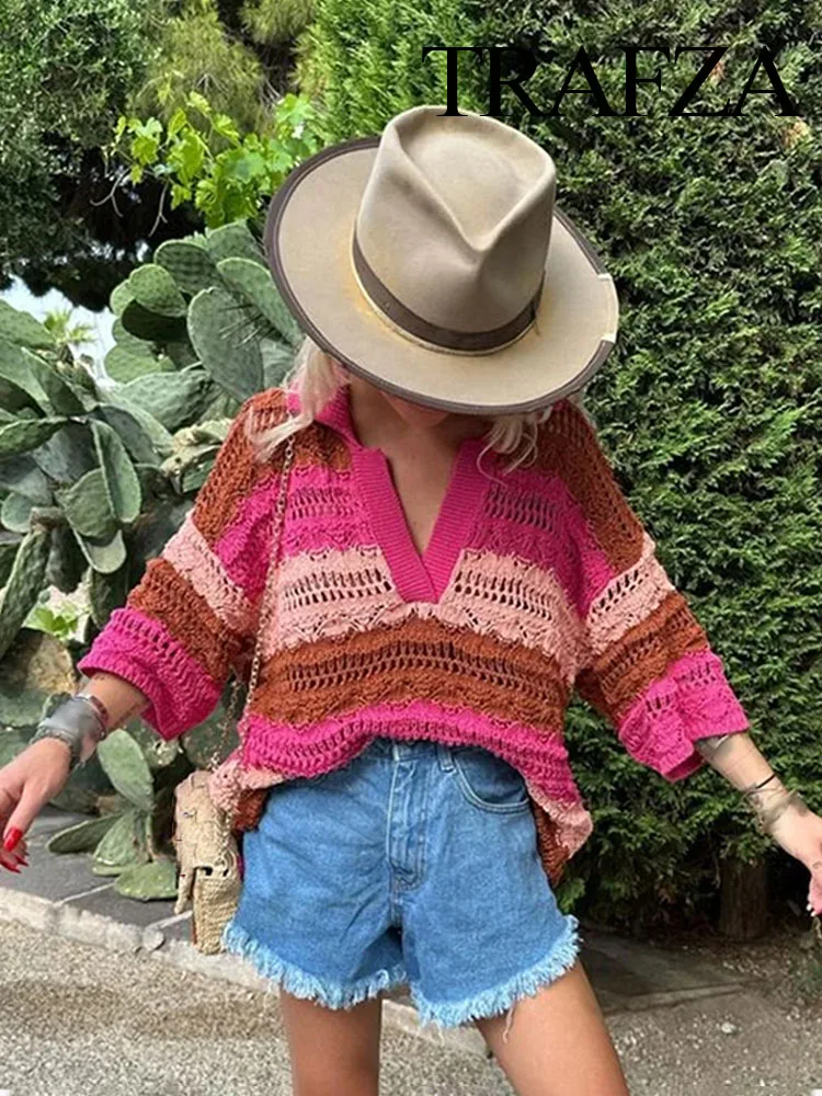TRAFZA-Conjunto de 2 piezas para mujer, suéter de manga corta a rayas de Jacquard, pantalones cortos ahuecados, moda informal, Otoño, nuevo