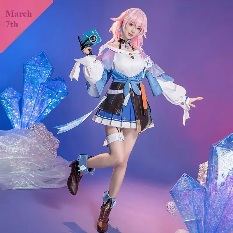 

March 7th Cosplay Game Honkai Star Rail Cute Blue White Short Dress Long Sleeves Women Halloween Role Play Outfit Theme Party