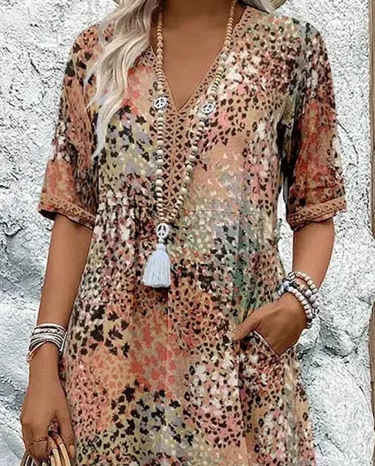 Vintage midi vestidos para mulher 2025 estilo boho floral impressão solta vestido longo casual manga curta com decote em v vestido robe femme