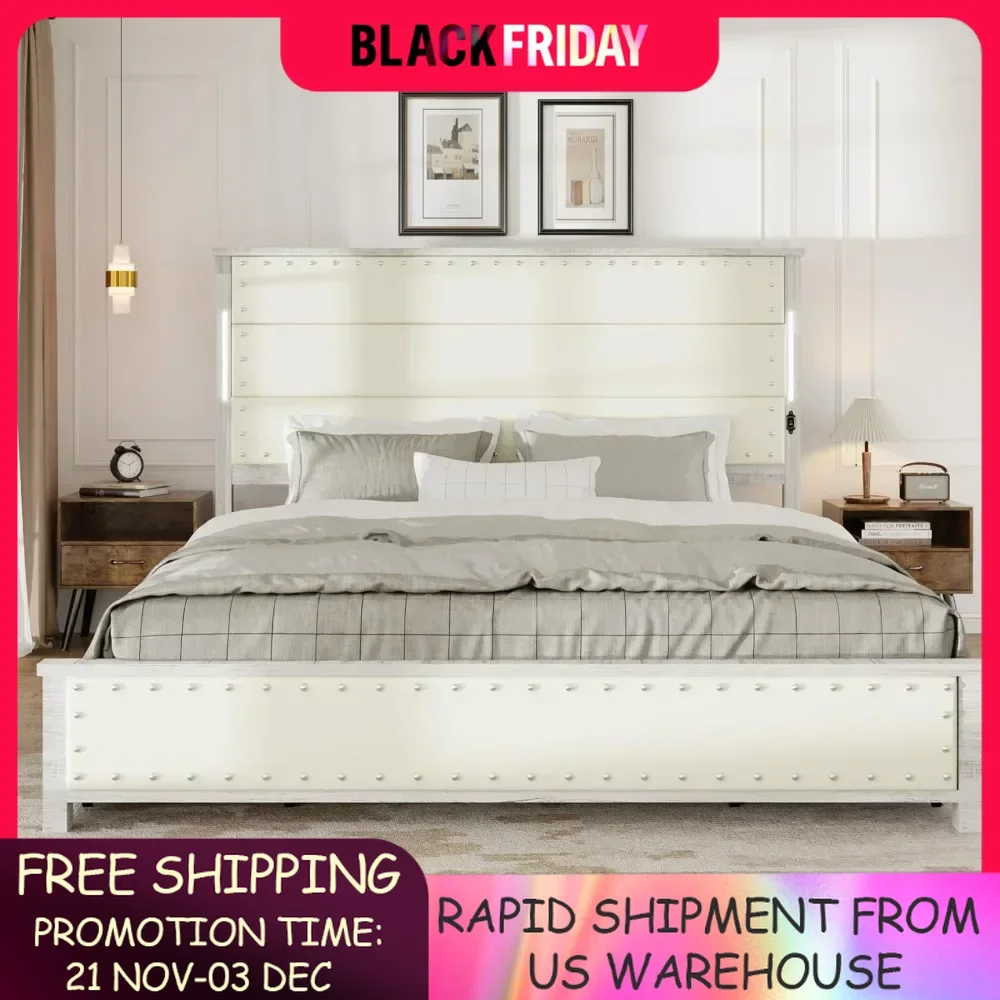 Wooden Bed Frame with Tall Headboard & 4 Storage Drawer, Bedframe with Led Lights and Charging Station, Free shipping