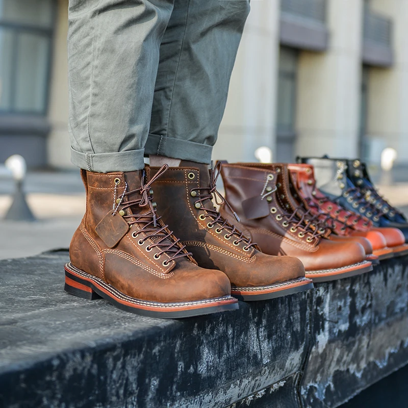 

Retro American Boots Couple Head Layer Cowhide round Head Motorcycle Boots Casual ort Autumn Spring Wear Resistant R...