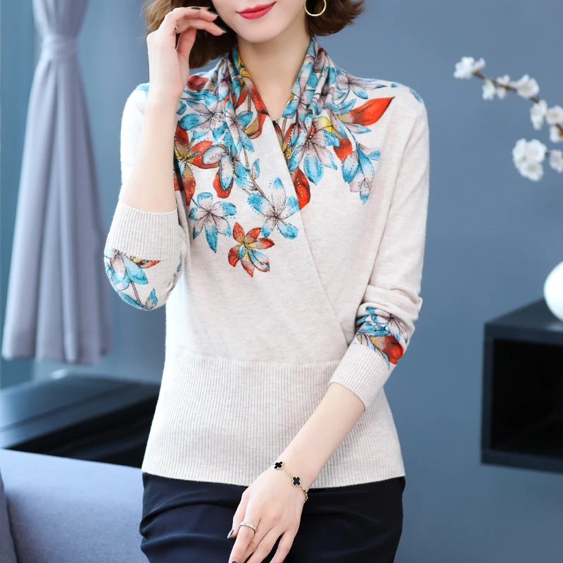 Women Floral Sweater Autumn Winter Vintage Printing Jumper Elegant Ladies Slim Fit Sweater Blouse Long Sleeve Knit Tops Pullover