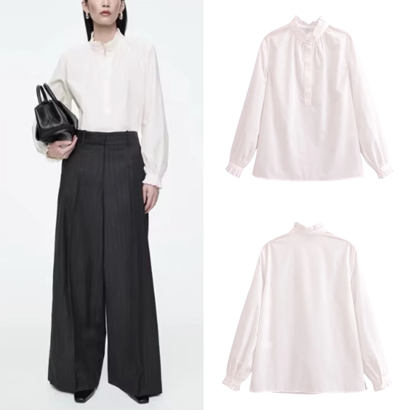 Summer 2025 Women's irt Stand Collar Pleated Lantern Sve Breathable Polyester Loose Fit Long Sve Daily Wear Pure Color