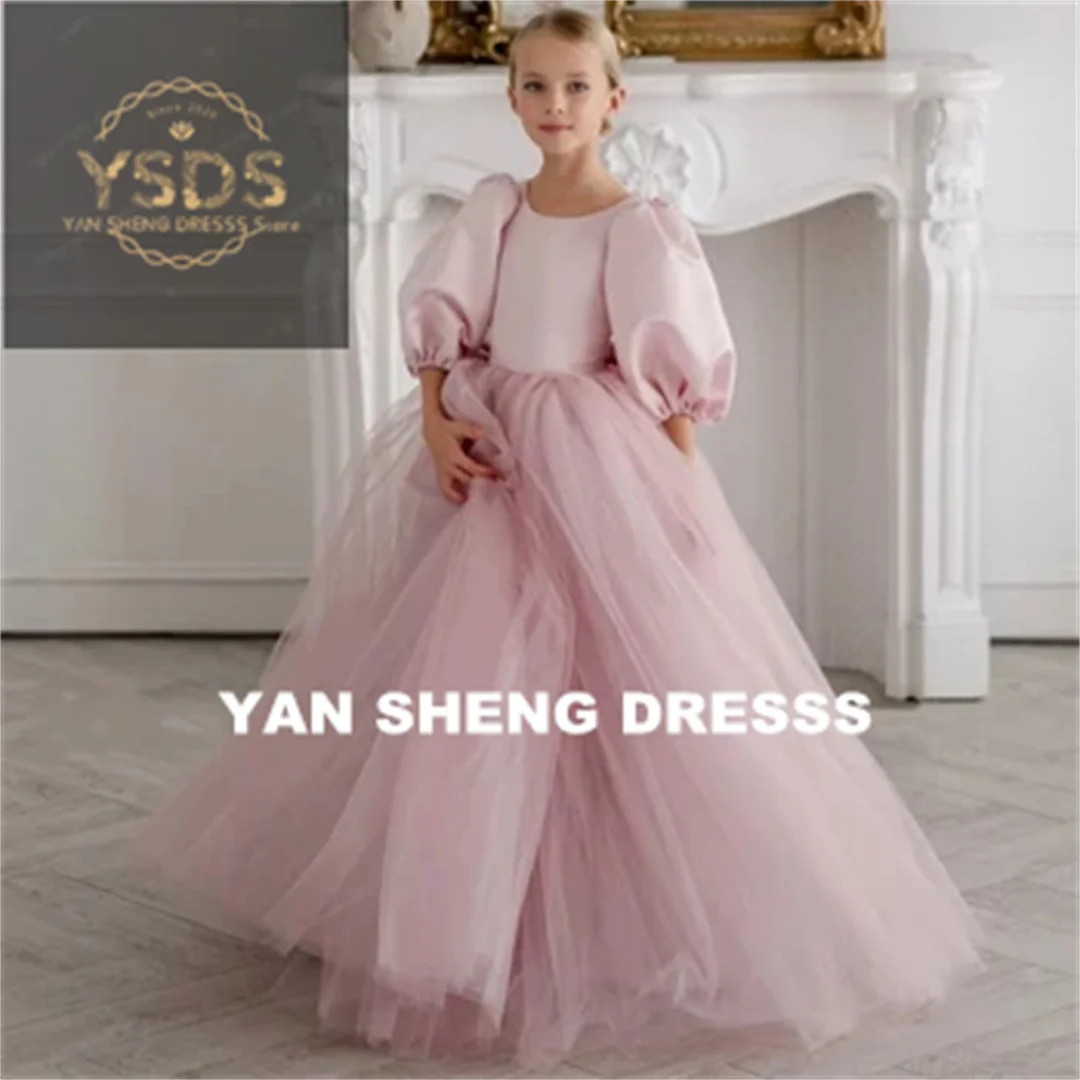 Customized Flower Girl Dresses Pink Tulle Puffy With Bow Short Sleeve For Wedding Birthday Party Banquet Princess Gowns