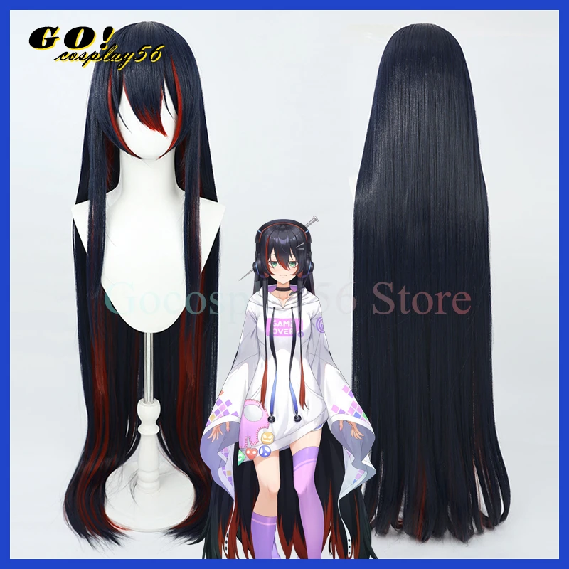 

Mika Melatika Cosplay Wig Dark Blue Mixed Red 130cm Long Straight Hair VTuber Girls Synthetic Headwear