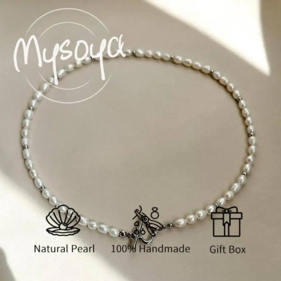 

Ожерелье MYSOYA из пресноводного жемчуга в форме белого риса с цветочной застежкой, жемчужины 5-6 мм, подарок на день рождения, свадебные украшения для нее и для него