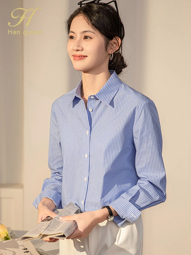 

H Han Queen Autumn Stripe Chiffon Blouse Elegant Vintage Casual Tops Loose Women Shirt Korean Popular Clothes Long Sleeve Blouse