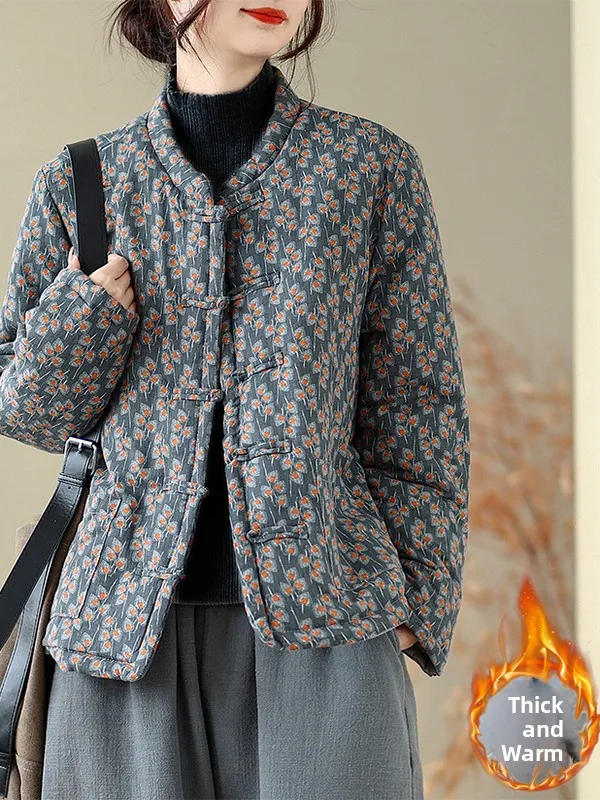 

Large Size Women's Cotton Jaet Traditional Chinese Sle Printed Loose Fit Winter Outerwear Stand Collar Button up Coat