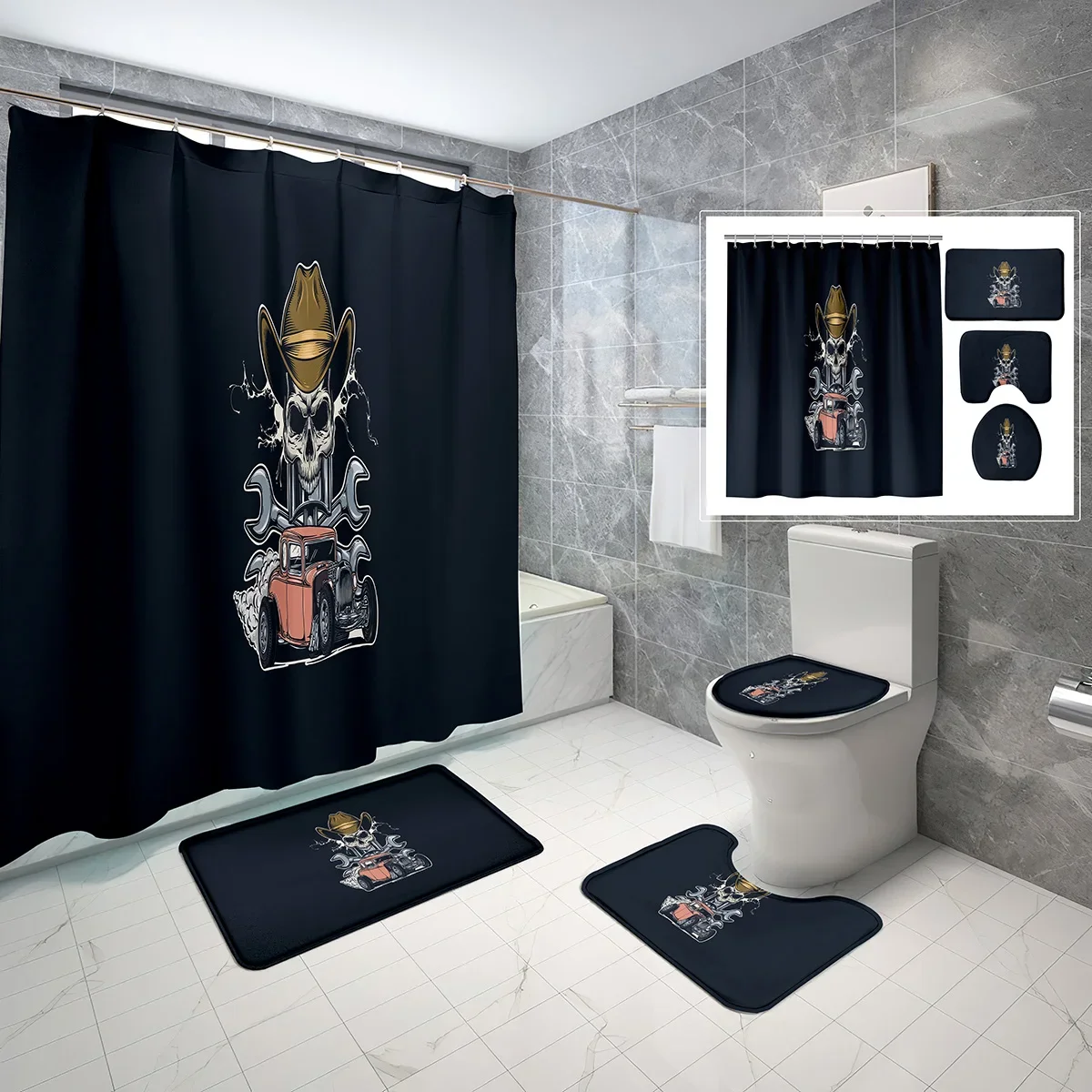 

4 Pcs Skull Shower Curtain Sets with Toilet Lid Cover and Bath Mat Fantasy Horror Dark Evil Art Waterproof Bathroom Decor Sets