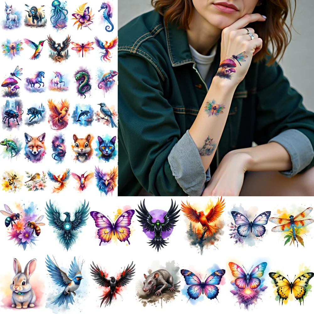 28pcs Temporary Tattoo Dragonfly Temporary Tattoo Stickers Cat Fox Watercolor Eagle For Ladies Children Cheeks