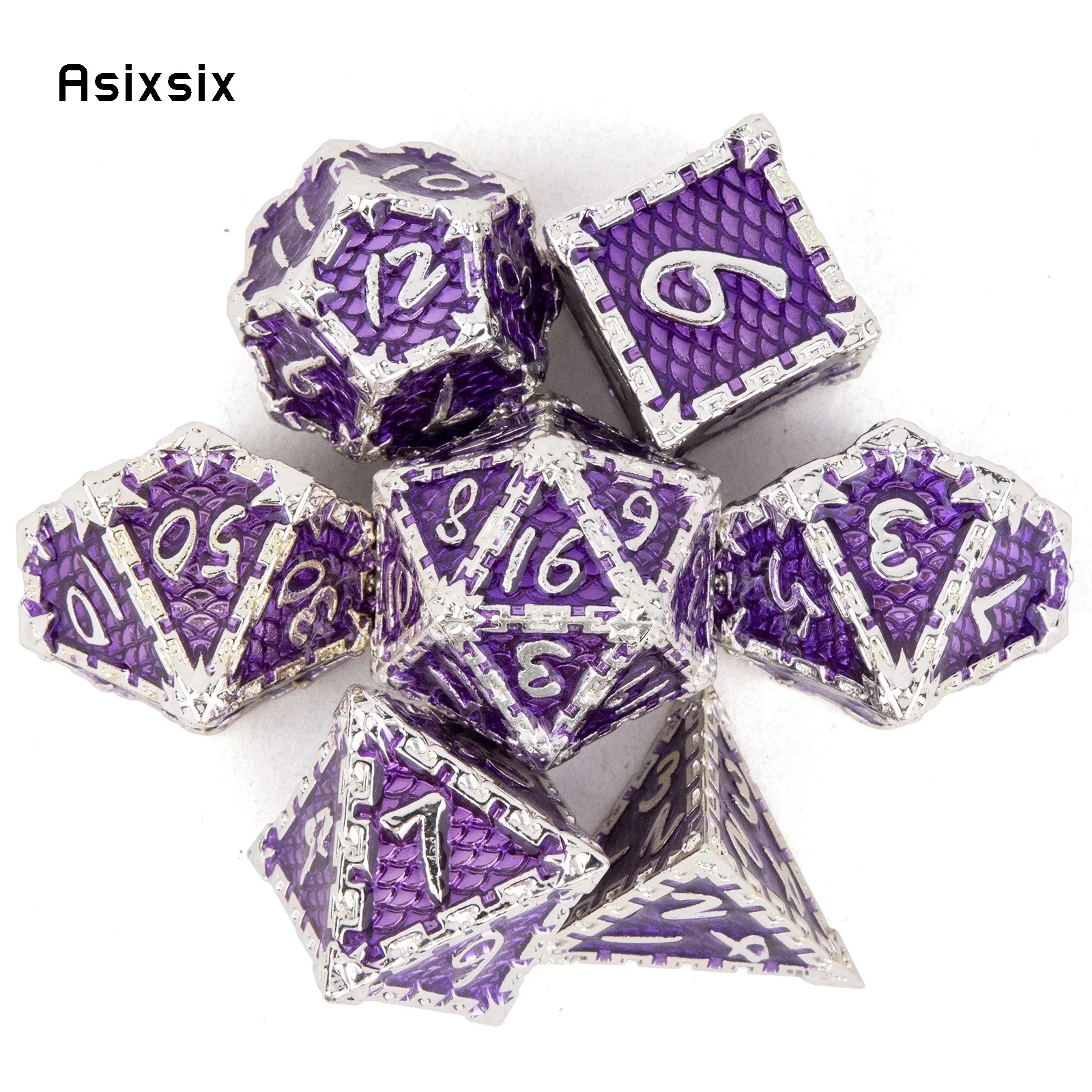 7 Pcs Silver Purple Fish Scale Metal Dice Solid Metal Polyhedral Dice Set Suitable For Role-Playing RPG Gift Card Game