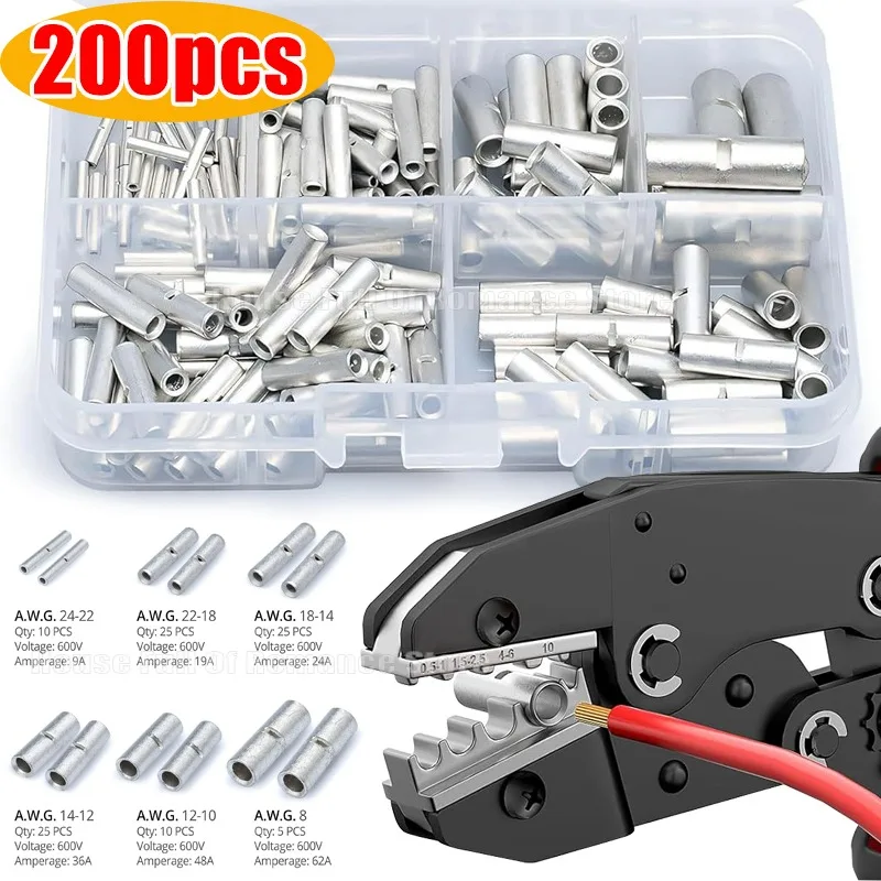 

200/100PCS Brass Non-Insulated Butt Wire Connector Ferrules Electrical Cable Terminals Tinned Crimp Terminal 0.5-6mm2 22-10AWG