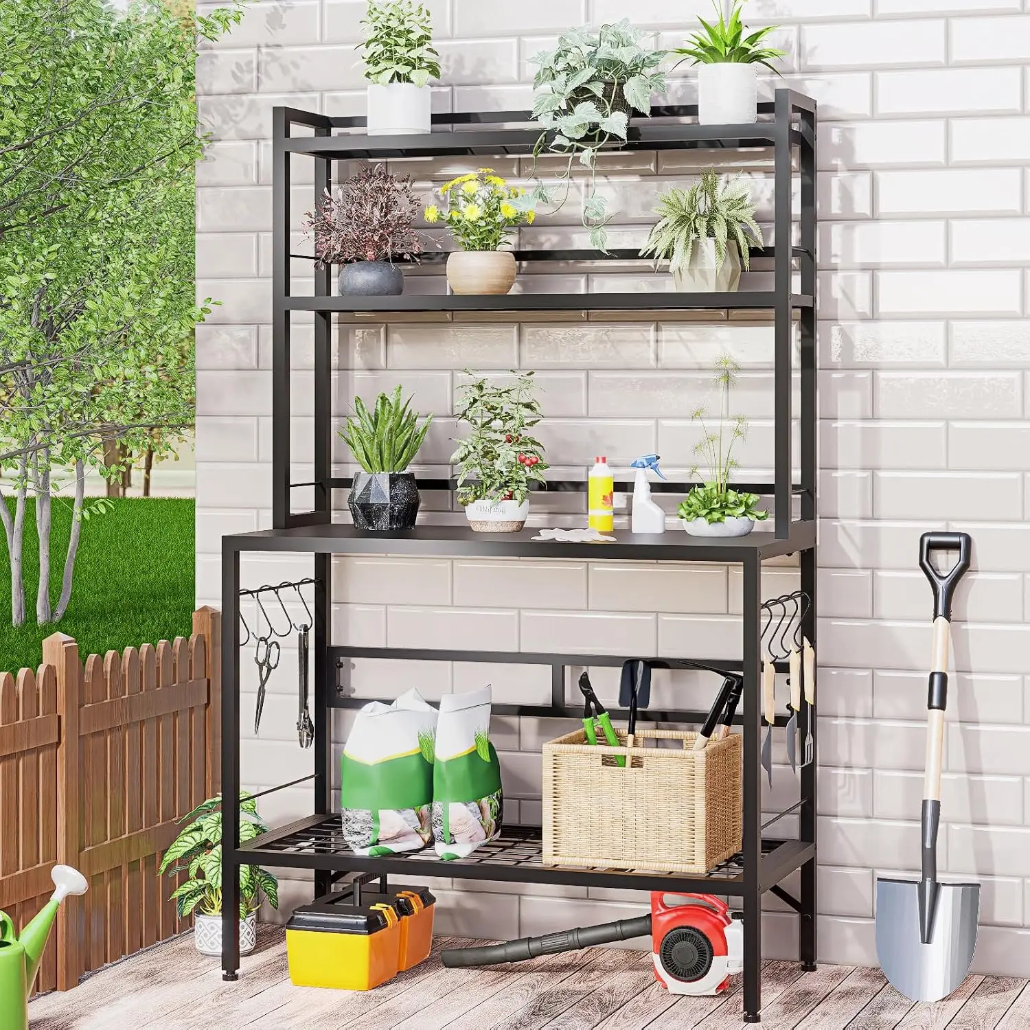 Outdoor Potting Bench Table With Storage Metal Garden Workstation Plant Stand Shelves Hanging Hooks Heavy Duty All Weather Workstation Table For Patio Backyard Balcony Black