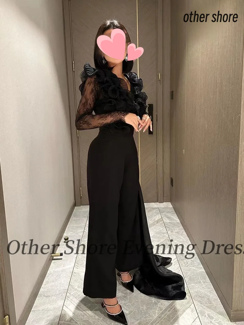 

Other Shore Elegant Vintage Sexy Black Lace Ruffle V-Neck Customize Formal Occasion Prom Evening Party Gowns