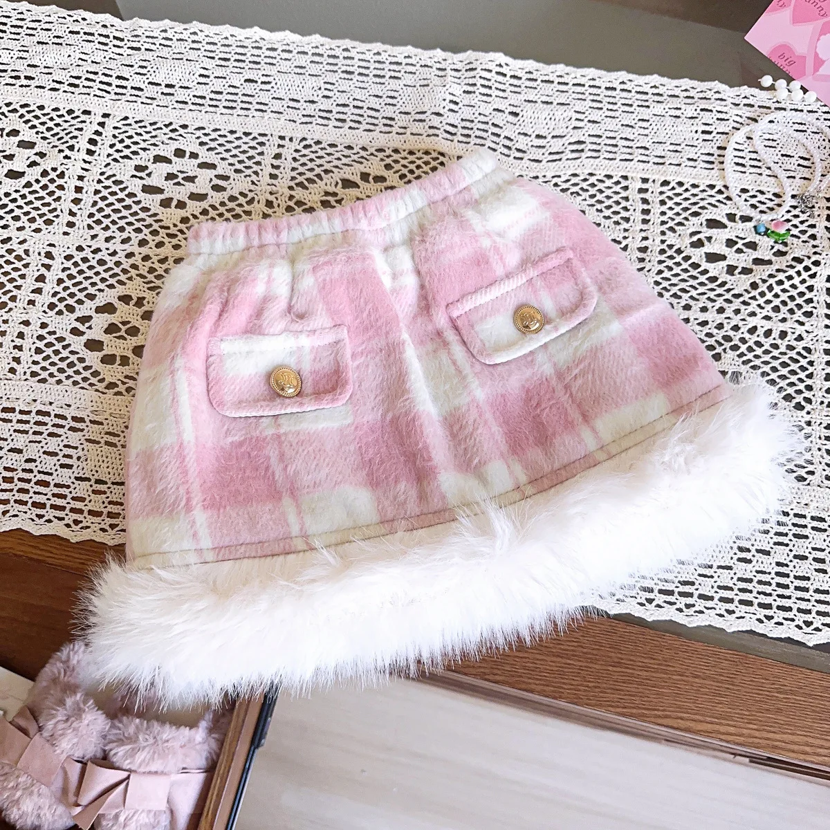 Lovely Girl Princess Dress Up Autumn Winter Pink Plaid Sets For Children Jacket+Skit 2 Pieces Suits Girls Formal Clothes Outfits