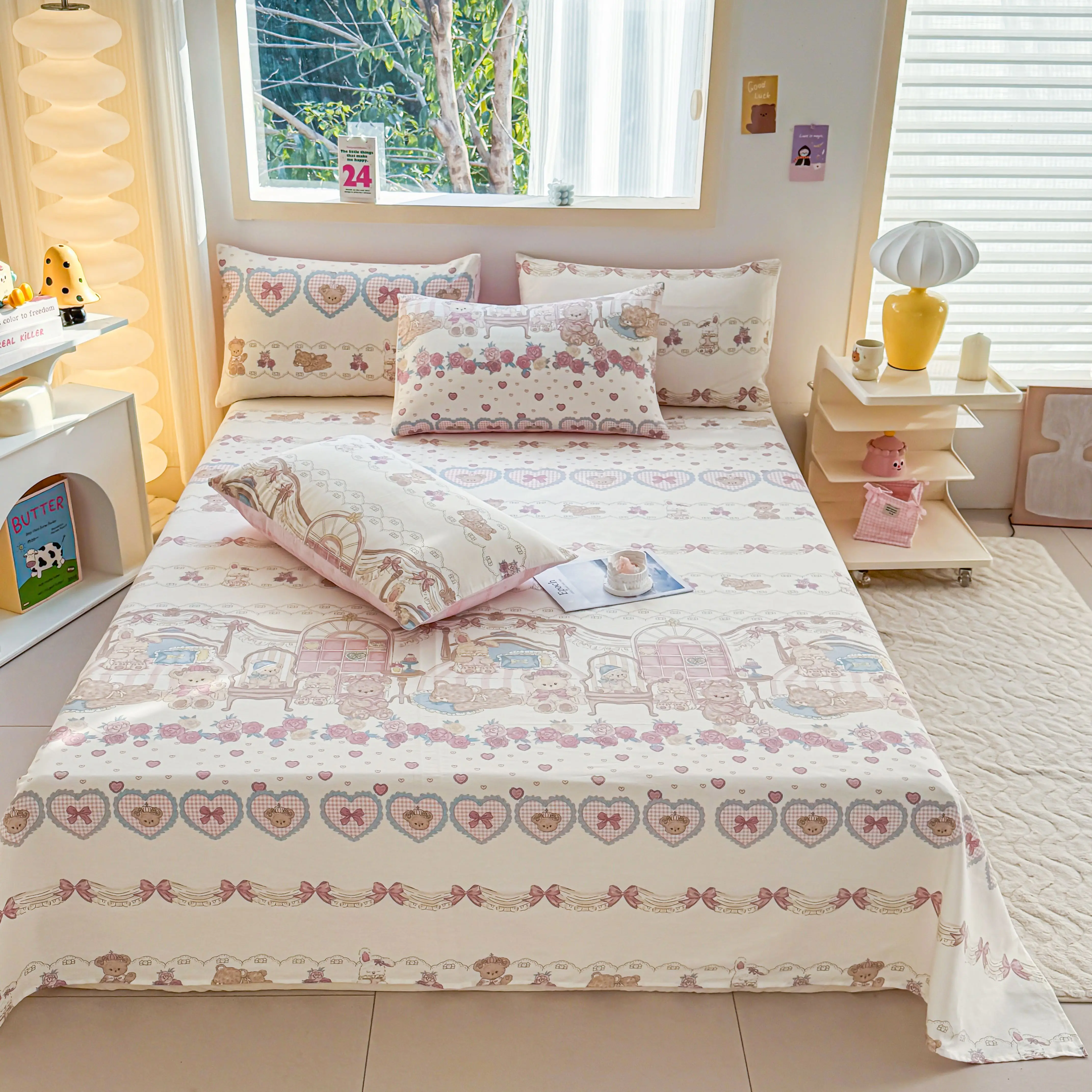 

100% хлопковая простыня с милым мультяшным принтом для двуспальной кровати/кровати размера Queen/King, приятная для кожи верхняя простыня, сабана для кровати