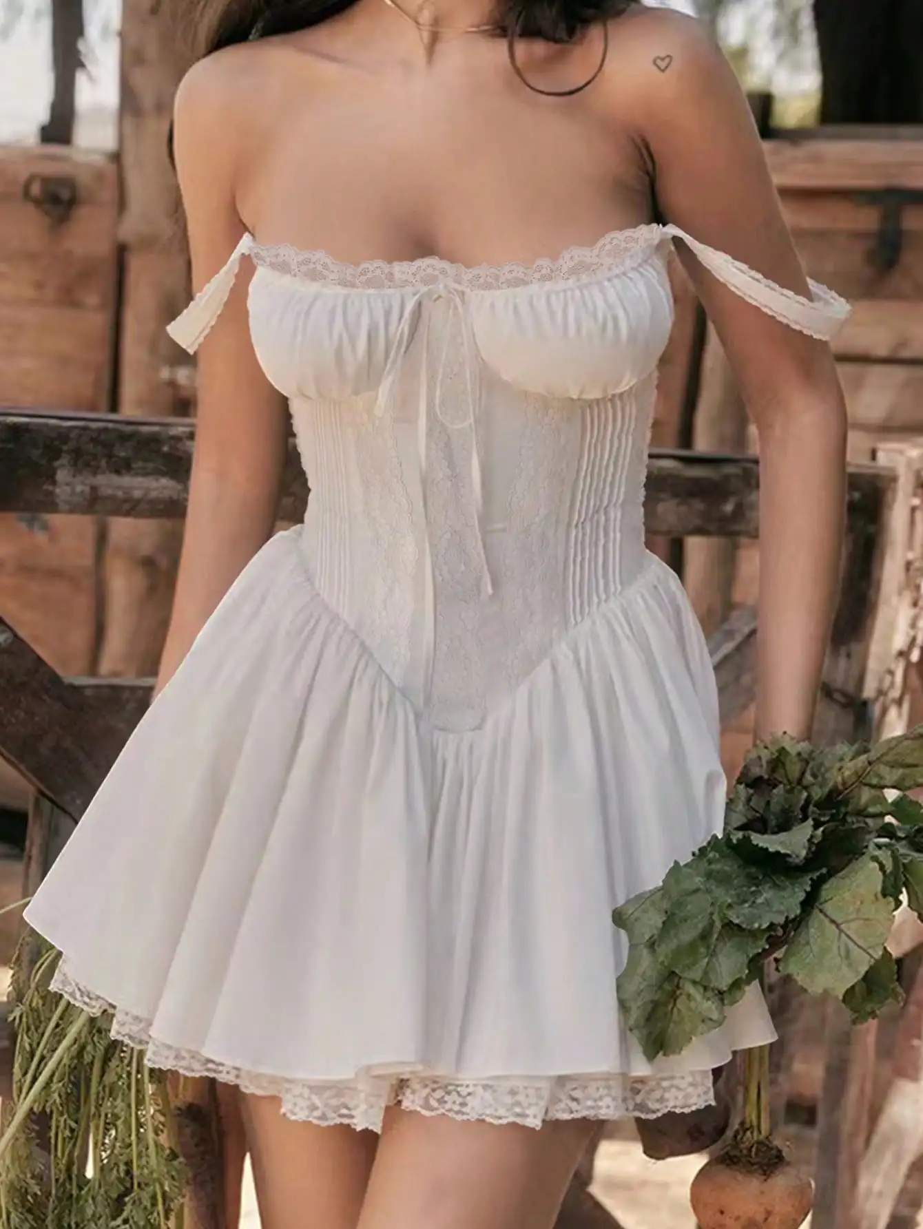 Women's Sexy Sweetheart Neck Sleeveless Tie Front Lace Trim A Line Party Mini Dress