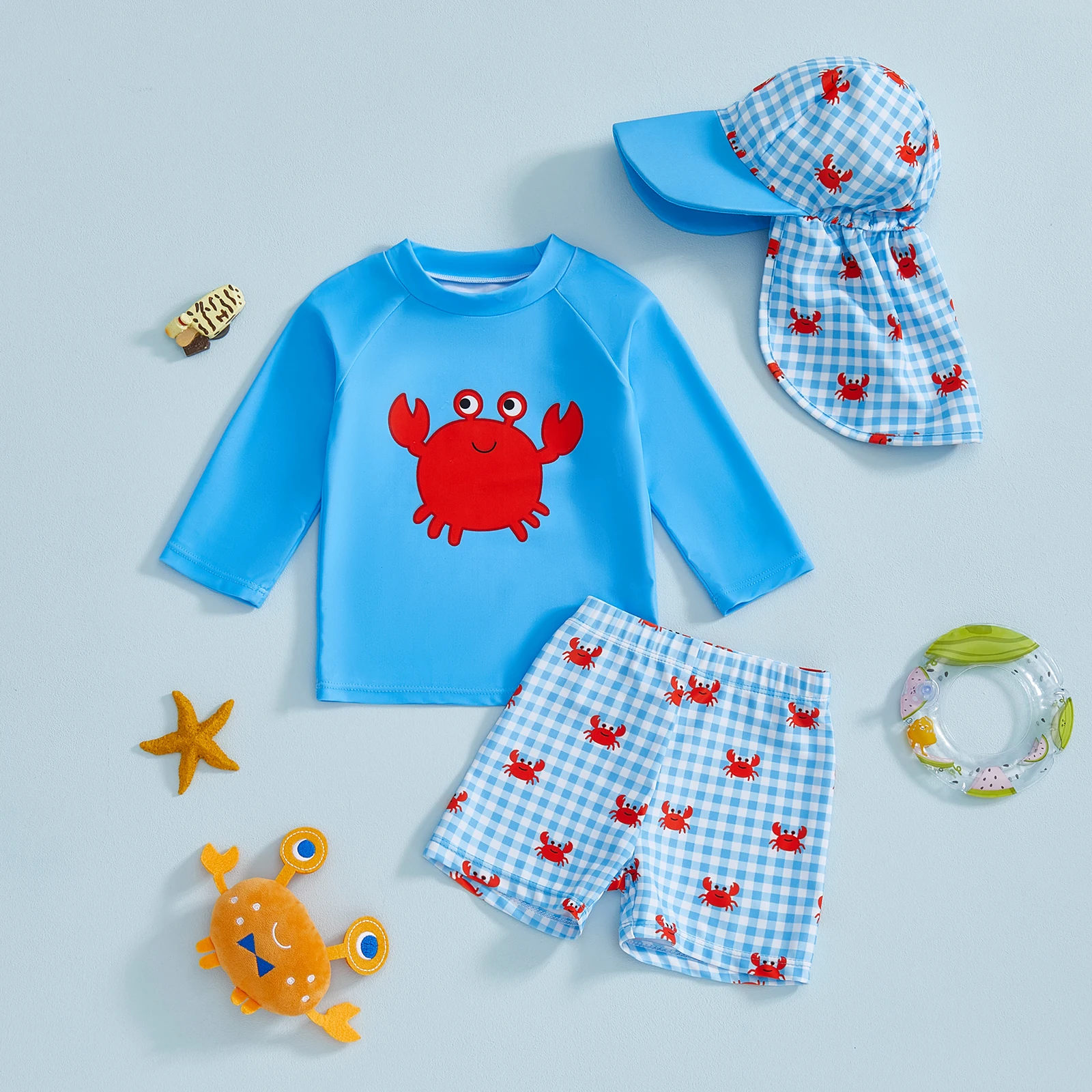 

Купальники Rash Guard для маленьких мальчиков, топы с длинными рукавами и вышивкой краба/лось/принтом креветок, шорты, шляпа, купальники, комплекты из трех предметов