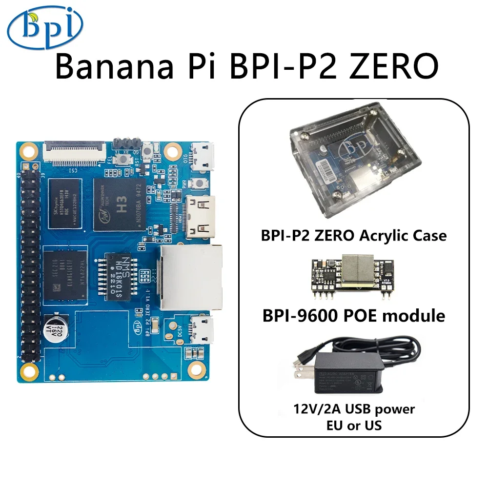 BoMaSBanana Pi BPI-P2 Zero With Case Power POE Allwinner H3 Quad-core Cortex-A7 512M DDR3 8G EMMC Support PoE Run OS Android Lin
