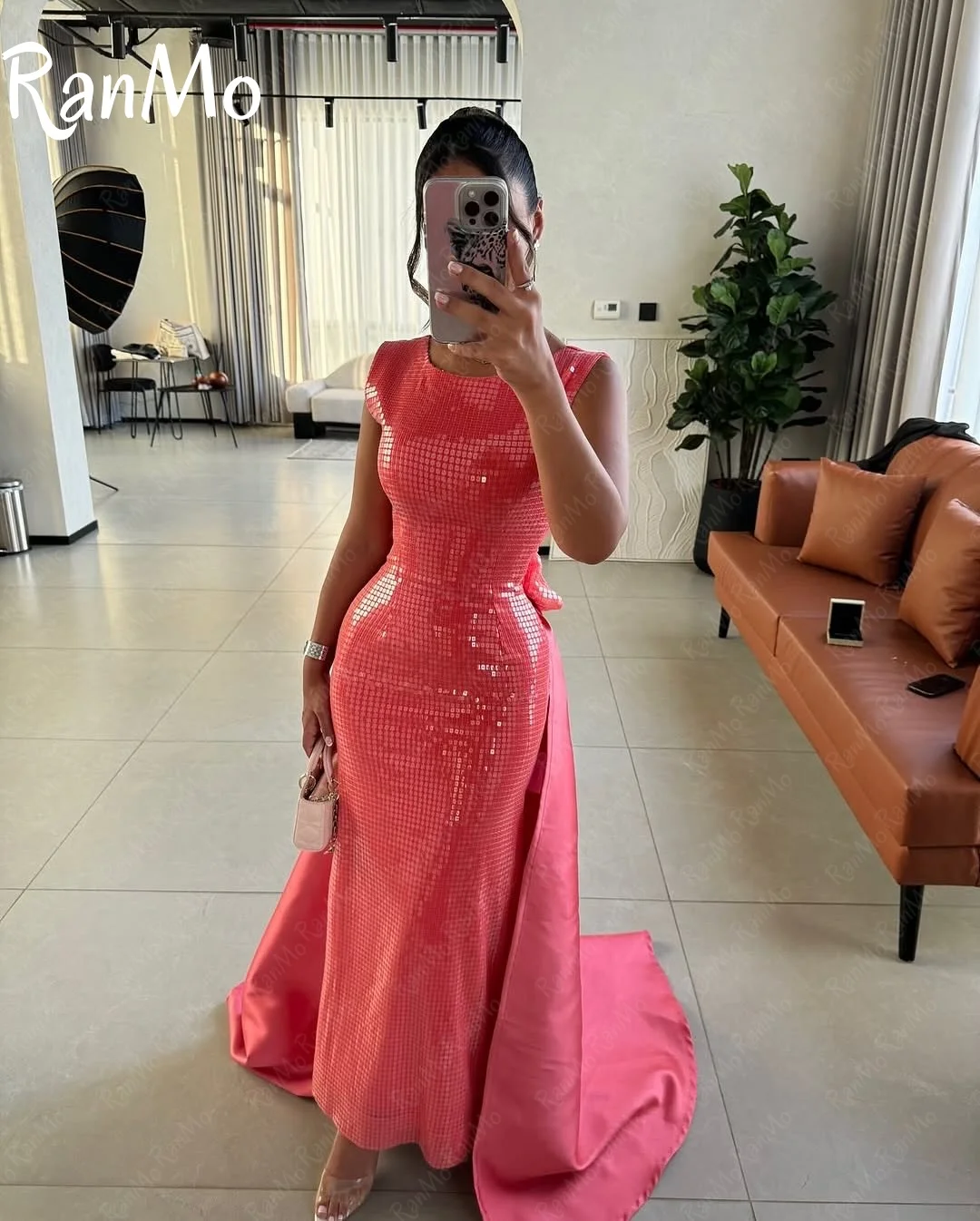 Ranmo Элегантные розовые вечерние платья русалки 2025 с блестками и кружевными цветами Вечерние платья с пятнистым хвостом на заказ فساتين условия