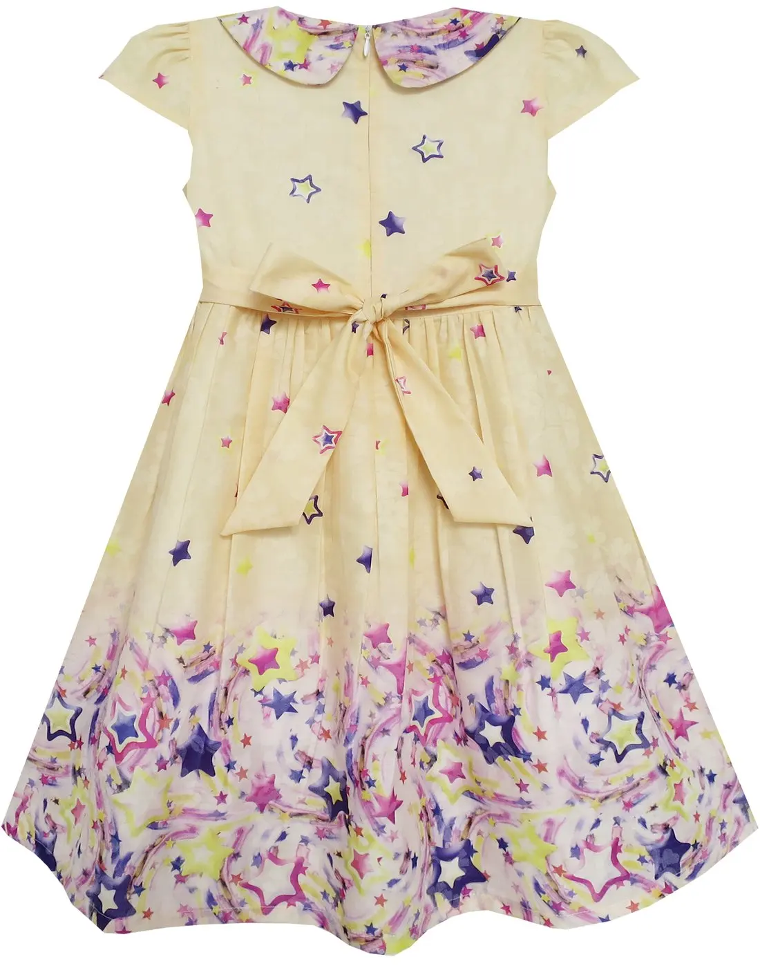 Girls Dress Star Sky Print Turn-down Collar Yellow