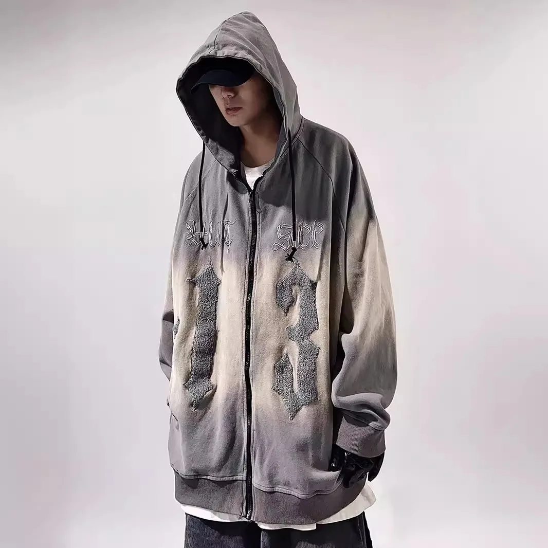 PFNW American High Street Distressed Vintage Hooded Sweatshirt Spring New Loose Cardigan Oversized Hoodie Gothic Top Men 12C2184