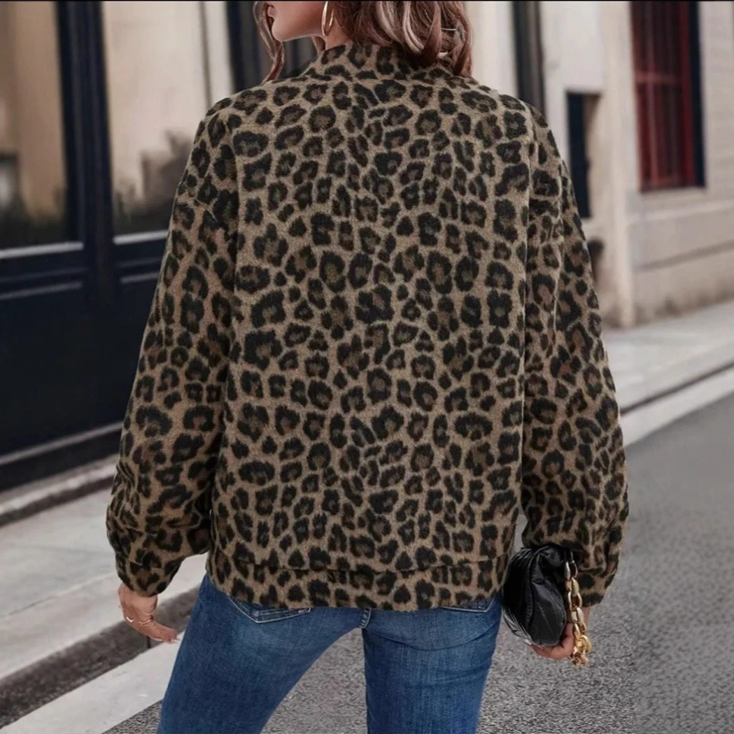 Leopard Short Faux Fur Jacket Single-breasted Loose Women's Plush Coat Long Sleeve Retro Furry Jackets Autumn Winter Fluffy Tops