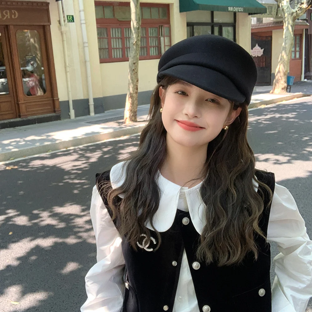 

Autumn and winter woolen military cap for women, face-framing, simple, easy-matching, asymmetric, octagonal cap, woolen beret