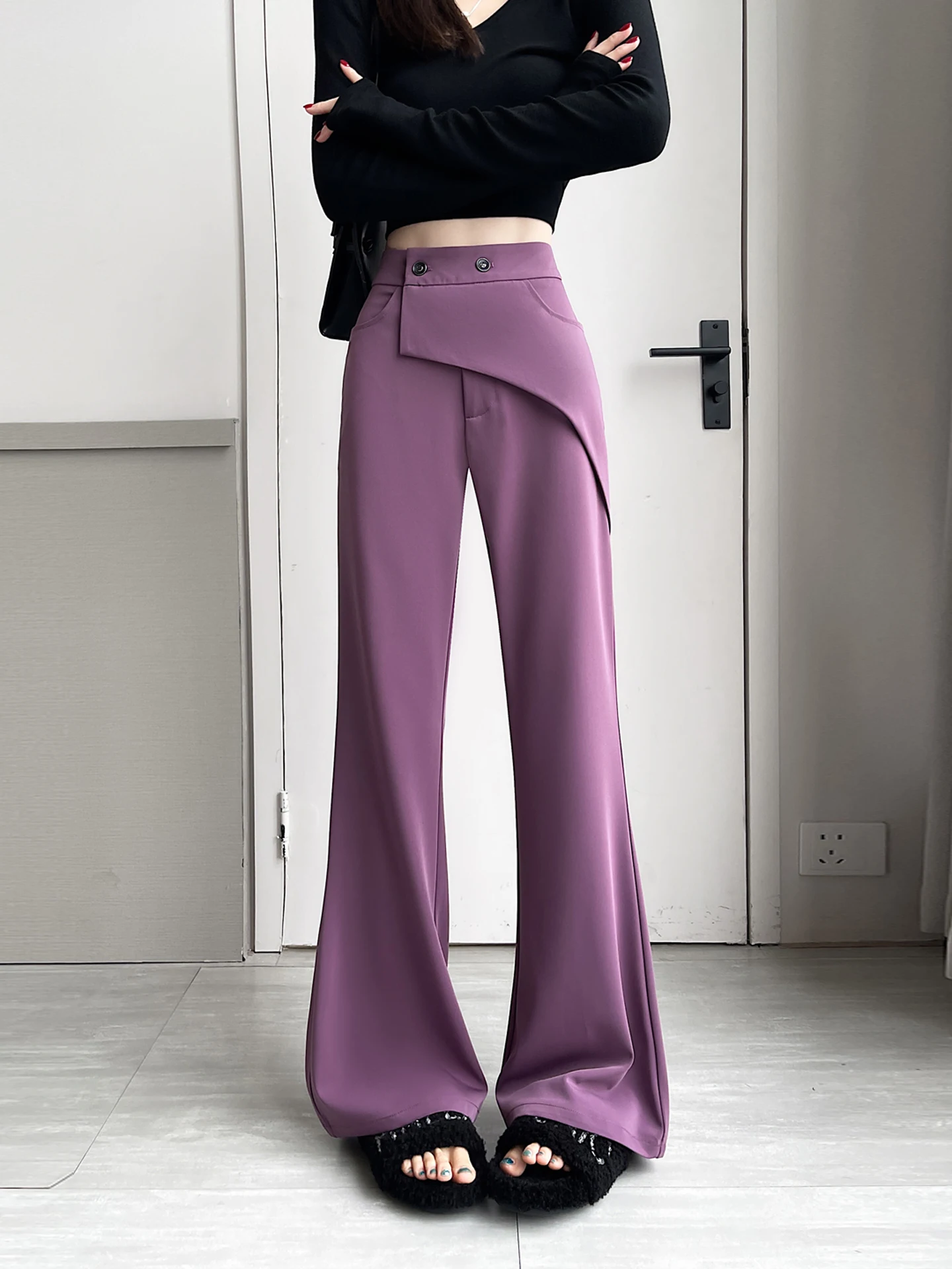 

Женские брюки с высокой талией и широкими штанинами, фиолетовые, повседневные, весна-осень, новая модель, узкая версия, не облегающие, расклешенные брюки