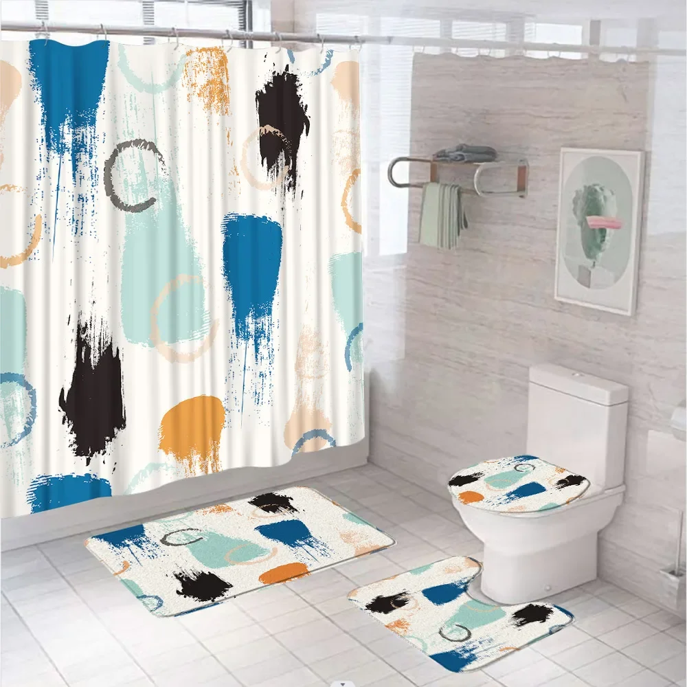 

Watercolor Abstract Art Shower Curtain Sets Non-Slip Rug Bath Mat Toilet Lid Cover Ink Painting Graffiti Tree Bathroom Curtains