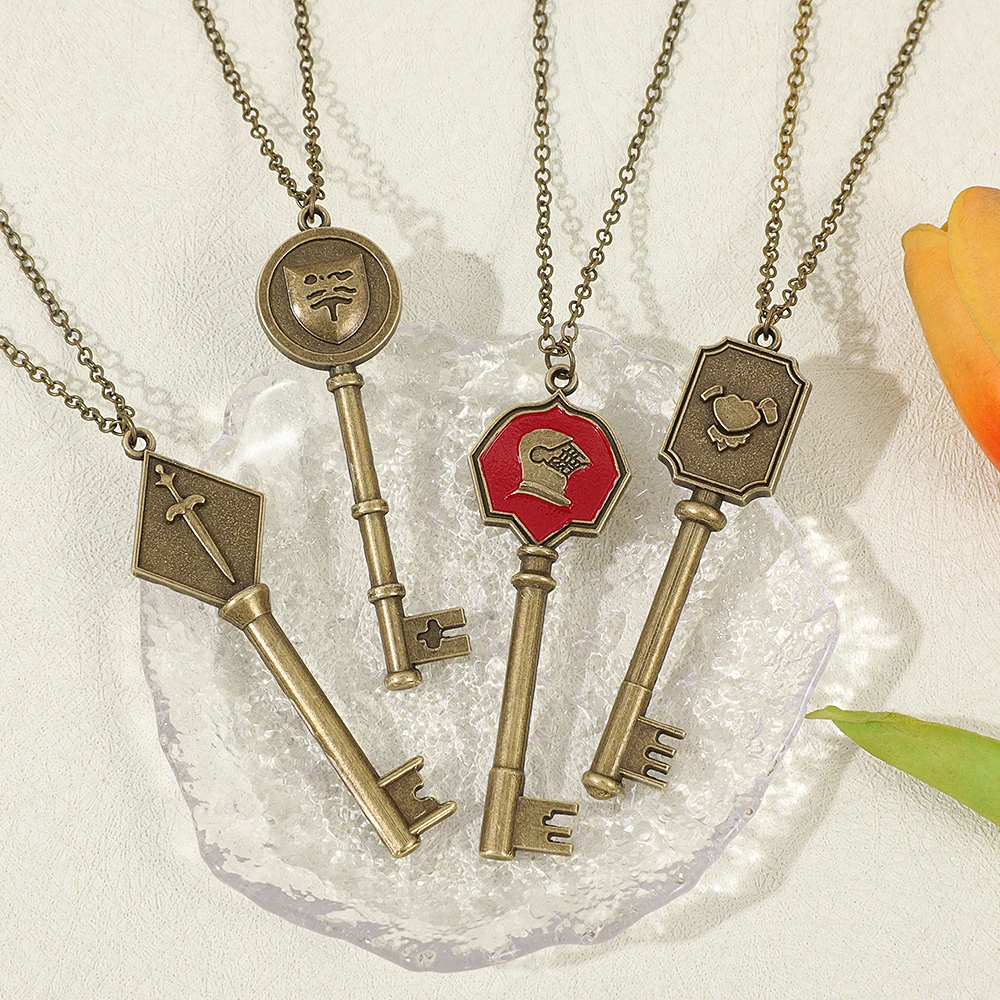 Vintage Skeleton Key Pendant Necklace Set Antique Bronze Heraldic Emblem Key Charms Medieval Style Jewelry