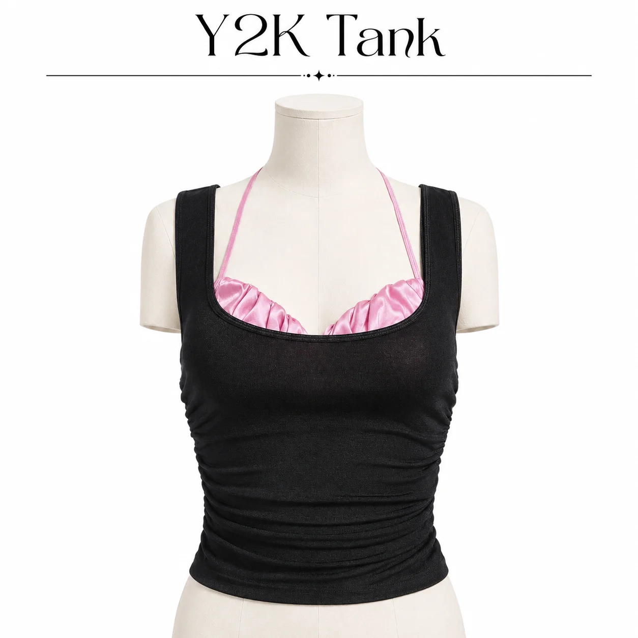 Cute Black Mesh Pink Satin Halter Tank Top Women Ruched Layered Design Square Neck Form Fitting Camisole
