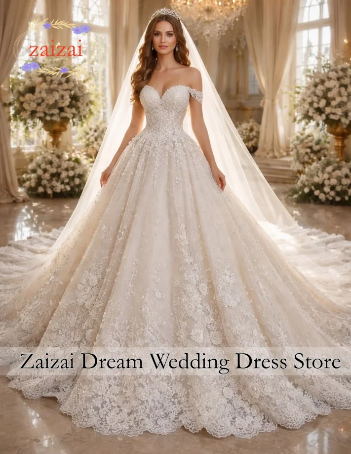 Customized  Off Shoulder Wedding Dresses Plus Size Ball Gown 3D Handmade Flowers Lace Appliques Bridal Dress Vestidos De Novia