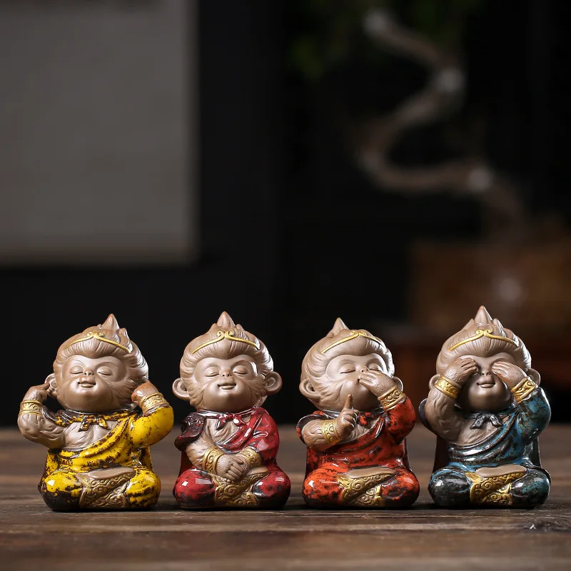 Ceramic 4 piece set Monkey King Statue Painted Art Craft  Home living room bedroom decorations gift collection