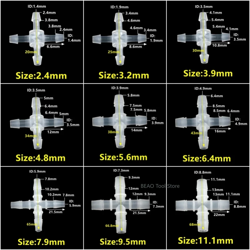 2.4mm~12.7mm Plastic four-way Connector Cross Hose Joint accessories