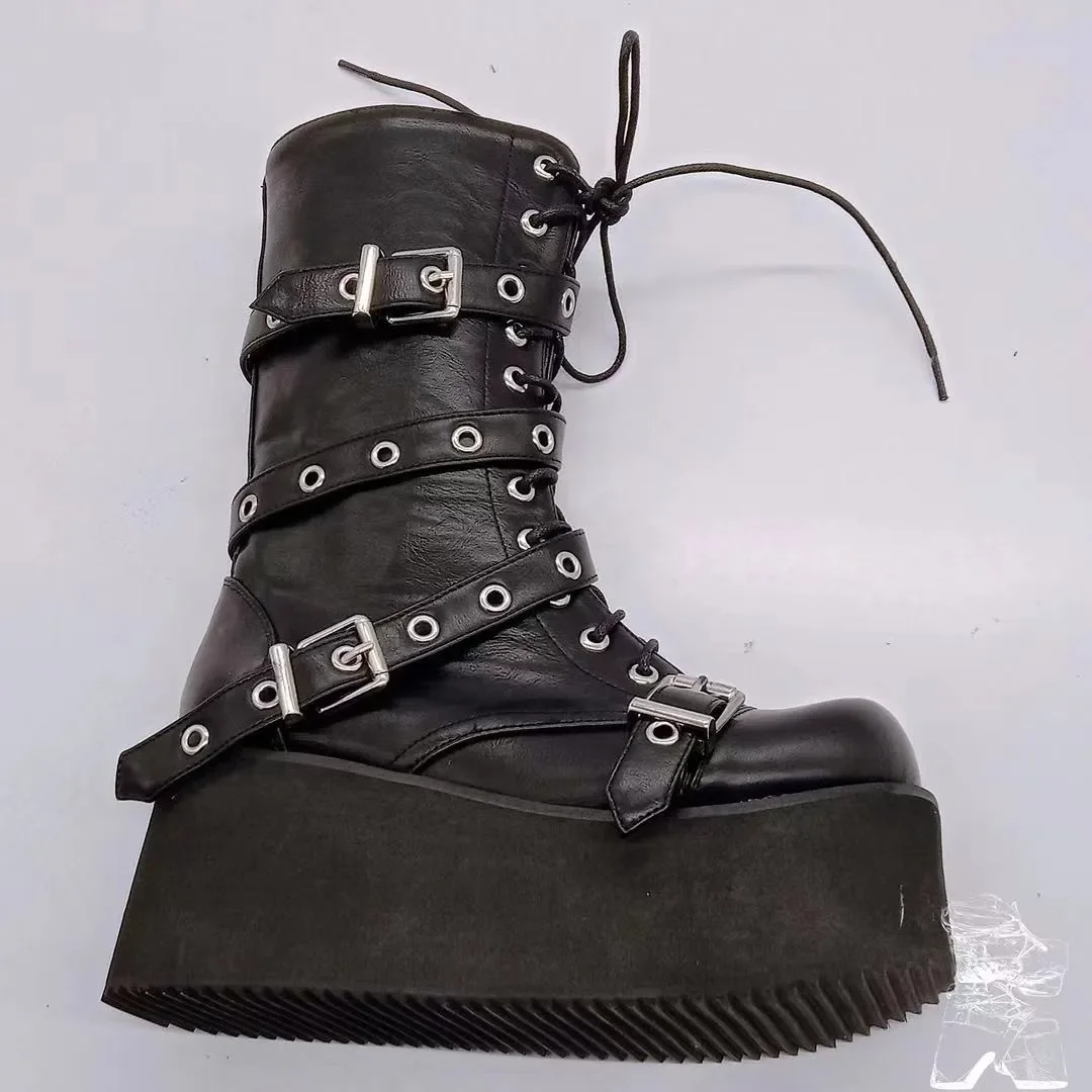 Plus Size 43 Autumn Women Boots Buckle Round Toe Wedges Platform Boots Punk Goth INS Women Street Shoes Combat Boots for Women