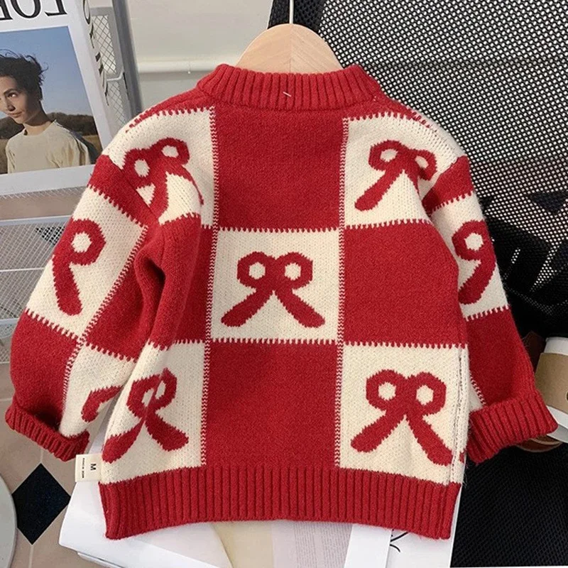Girls Christmas Sweaters Autumn Winter Colour Matching Bowtie Knit Print Xmas Pullover For 4-12Years Teen Kids Warm Knitwear Top