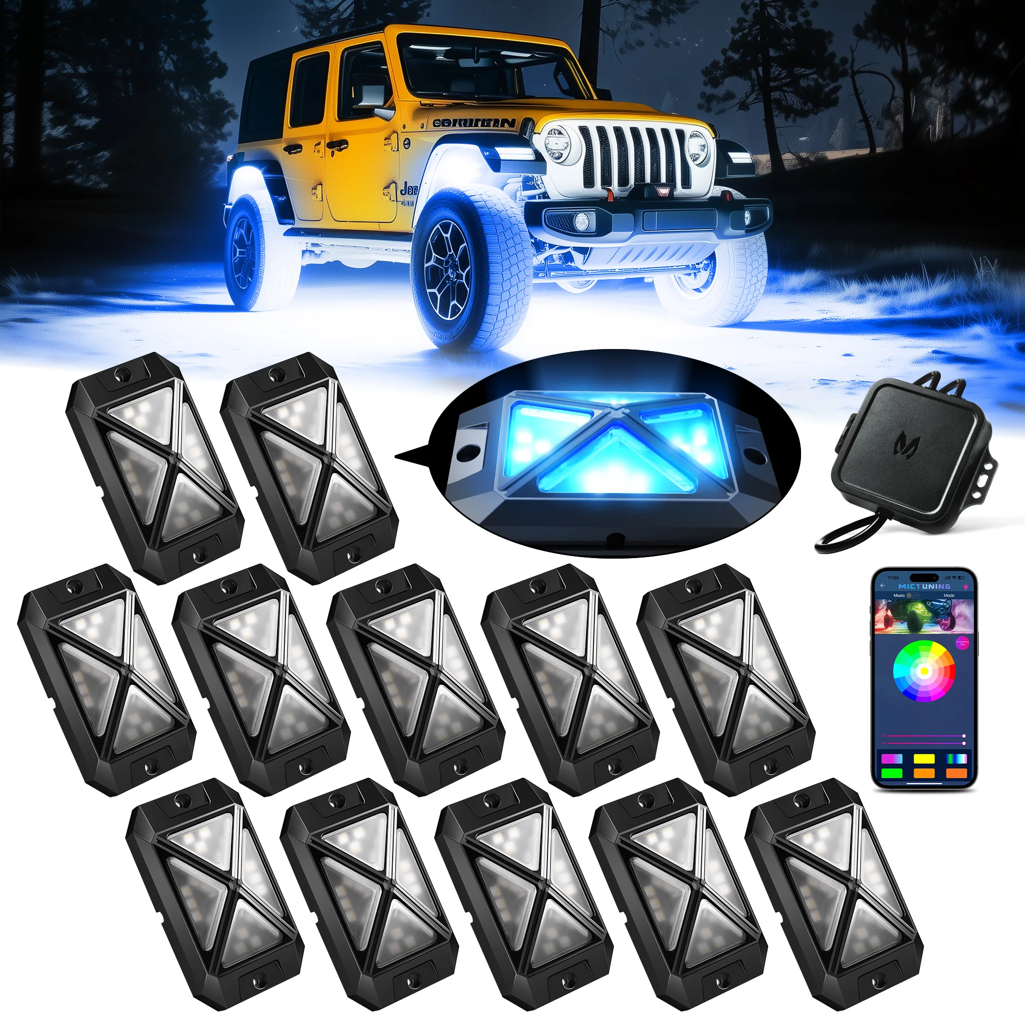 MICTUNING 12 LED Rock Light with C4 RGBW Bulbs, Four-sided Sculpted Design with Protective Cover, Supports App-Controlled Music