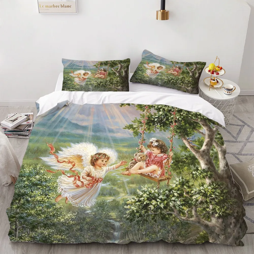 2/3 Pieces Angel Oil Painting Bedding Set Ancient Art Duvet Cover Cartoon Warm Bed Quilt Cover Kids Bedroom Bed Cover Set Green