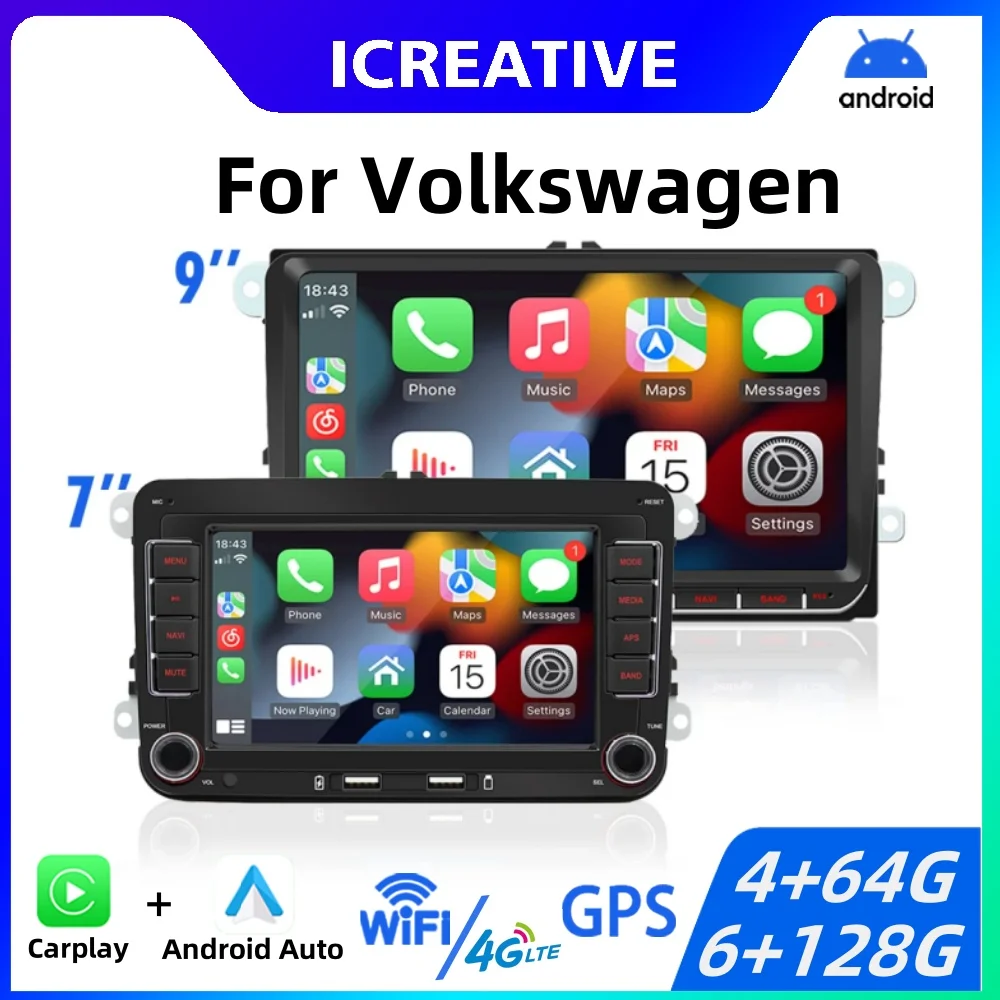 2Din Car Radio Android，Volkswagen Golf 5 6 Polo Passat B6 B7 CC Skoda Jetta Universal Multimedia Carplay Wifi GPS Navigation