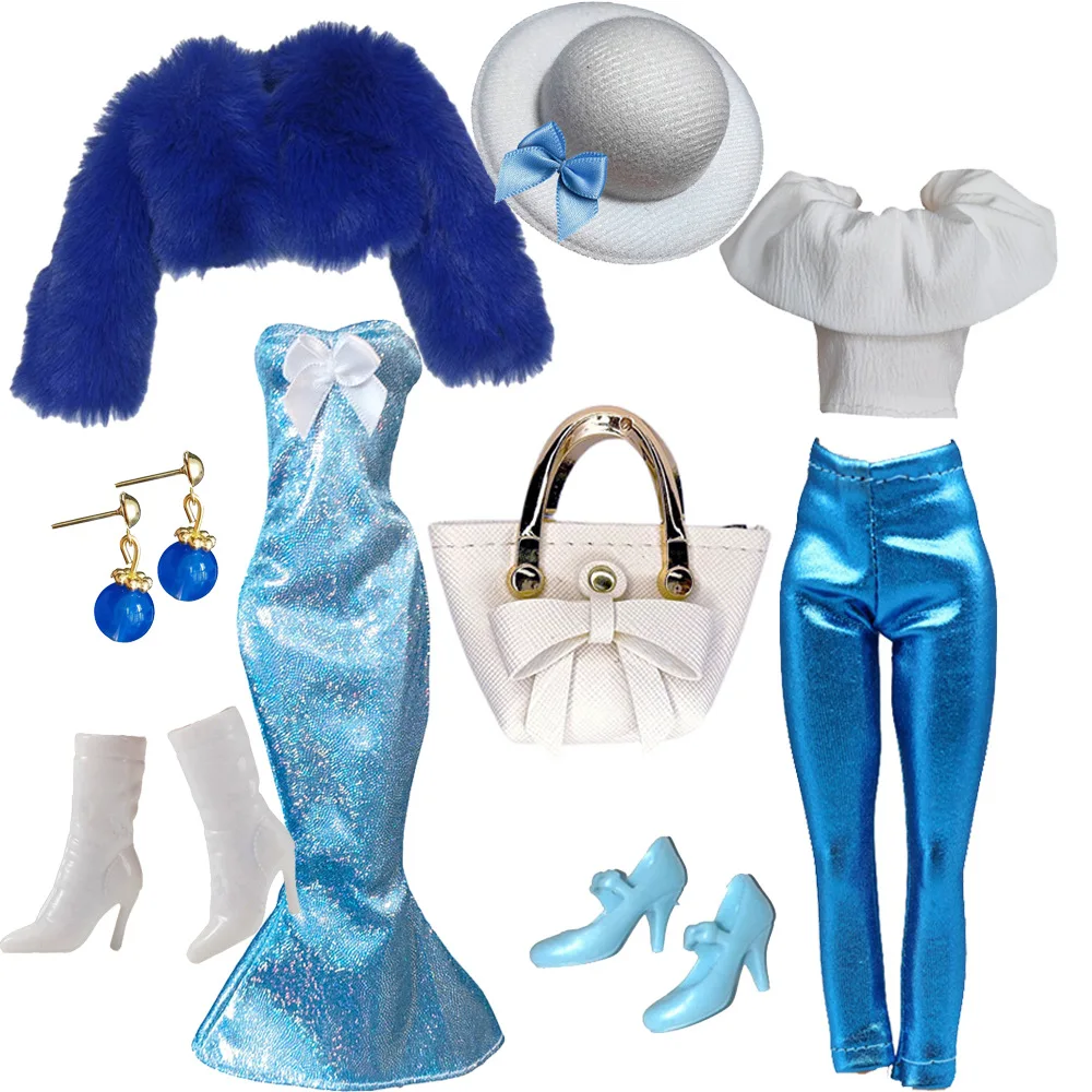 

Blue Series Plush Jacket+Fishtail Skirt+Earring+Shoes+Handbag Set For 1/6 FR Babi Supermodel Doll Dress Up Clothes Accessories
