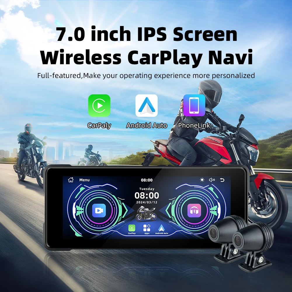 EVKEY 7.0inch Motorcycle Wireless Carplay GPS Navi Android Auto Front Rear Dual Bluetooth Camera Recorder