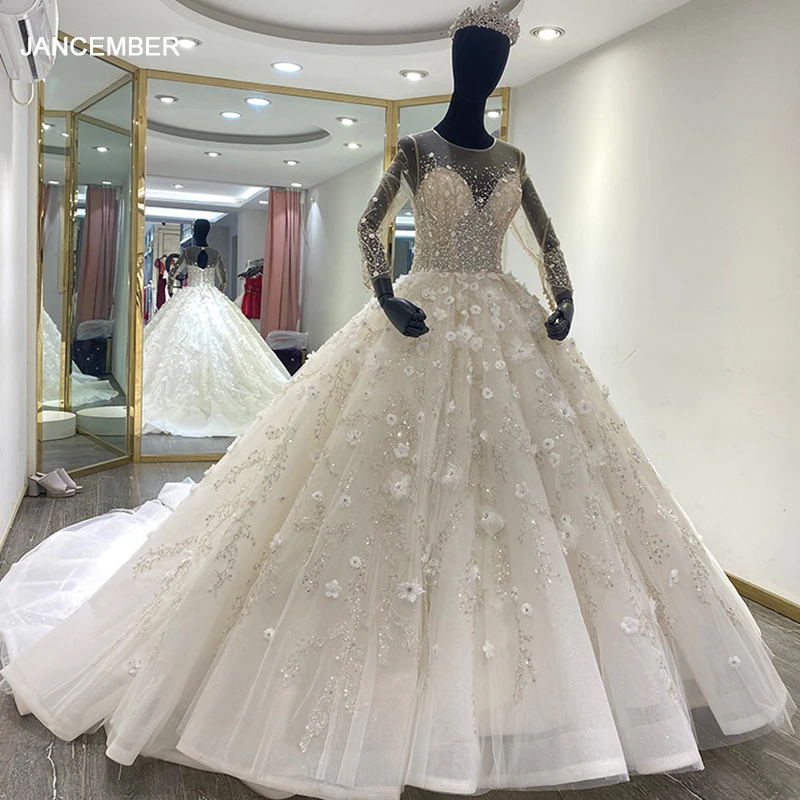 WM008 Ball Gown Long Sleeve Bridal Gown Luxury Dress Flower Crystal Bright Bride Dress Beading Best Wedding Dresses 2022 elbise