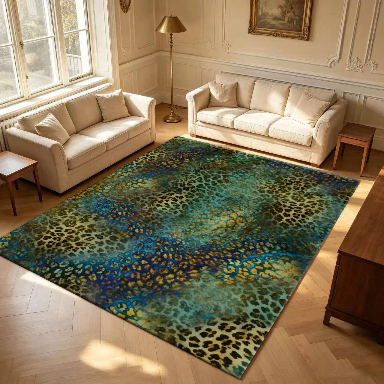 Retro Teal Brown Leopard Print Carpet