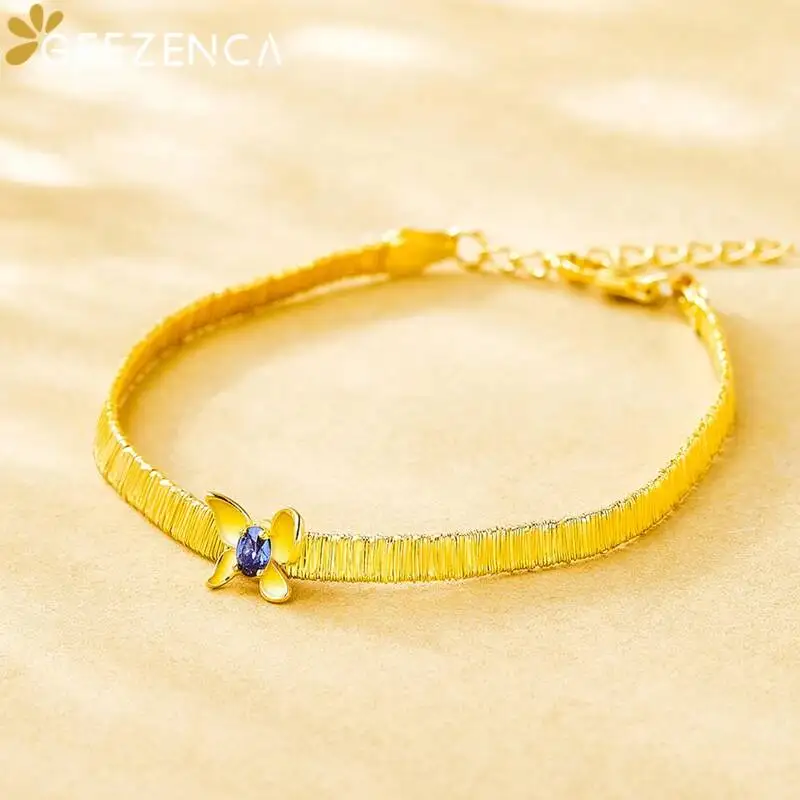 GEEZENCA Italian 925 Sterling Silver Blue Zircon Bracelets For Women 18K Gold Brushed Craft Butterfly Chic Bracelet Luxury Gift