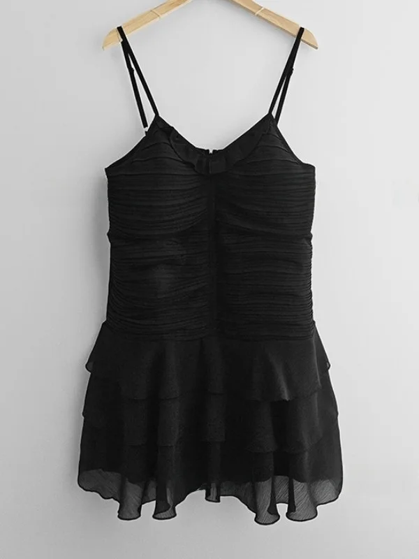 Vestido curto f sem alças com babados de camada dupla, decote em V, emaecedor, saia psada, moda verão, casual