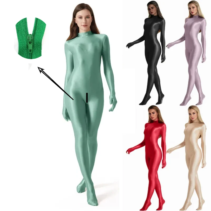 

Women Oil Stretch High Neck Bodycon Zipper Jumpsuit Long Sleeve Gloves Zentai Overalls Yoga Fitness Cosplay Costumes Bodysuit