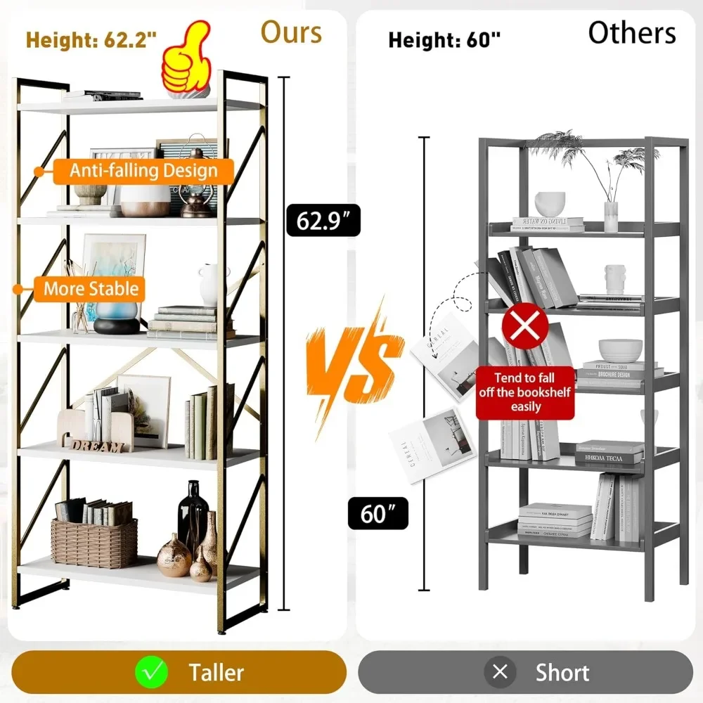 Scaffale per libreria alto a 5 livelli, scaffale per libri industriale, supporto per libri moderno per camera da letto/soggiorno/casa